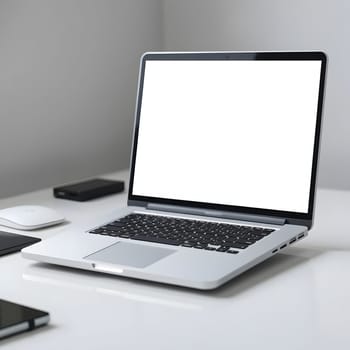 A sleek laptop rests on a minimalistic desk surrounded by other tech gadgets. The screen is blank, offering a perfect canvas for creativity in a contemporary workspace.