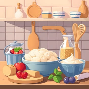 A kitchen countertop displays a variety of baking ingredients, including flour, fruits, and mixing utensils. Fresh strawberries, blueberries, and cream are arranged for an upcoming baking session.