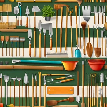 Various gardening tools, including spades, rakes, and watering cans, are neatly organized on a green and white striped background, creating a vibrant and functional display for gardening enthusiasts.