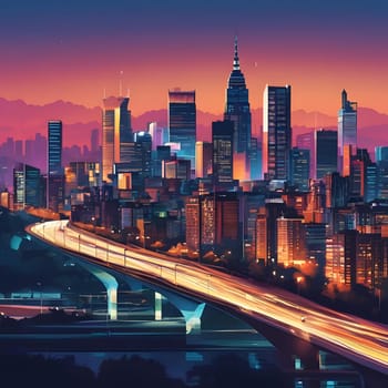 The skyline showcases illuminated skyscrapers against a vibrant twilight sky. A highway with moving lights weaves through the city, highlighting the urban activity during evening hours.