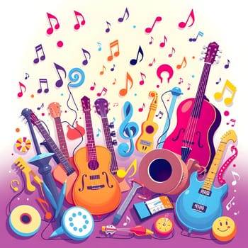 A lively assortment of musical instruments showcases guitars, violins, and drums surrounded by colorful notes. The arrangement highlights creativity and joy in music-making.