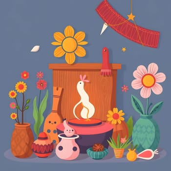 A vibrant assortment of pottery and blooming flowers is arranged on a table, creating a cheerful and inviting atmosphere filled with artistic elements and charm.