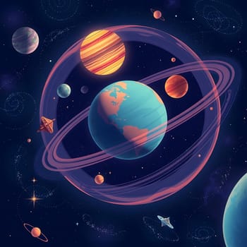 A digital artwork showcases a variety of planets including Earth and rings around Saturn, surrounded by twinkling stars in a colorful cosmic backdrop, highlighting the beauty of the universe.