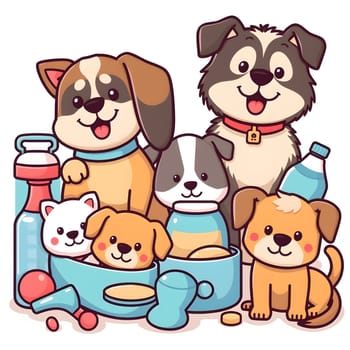 Several adorable cartoon puppies and kittens surround colorful bowls and bottles, creating a cheerful atmosphere. Their playful expressions highlight their excitement about mealtime and fun.