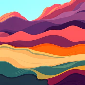 This artwork showcases an abstract landscape with layered hills in hues of pink, orange, and purple, creating a tranquil yet dynamic composition reminiscent of a sunset.