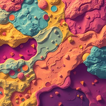 This vivid abstract composition showcases a blend of colorful textures in an intricate arrangement. The design features various shapes and shades, creating a dynamic visual experience.