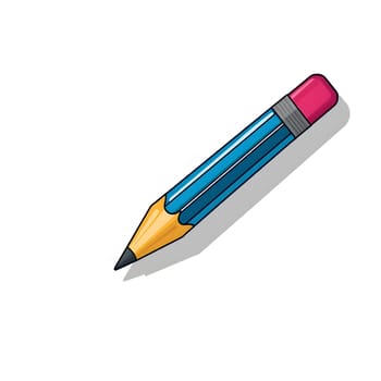 A bright blue pencil with a pink eraser is positioned diagonally on a white surface, casting a subtle shadow. The vibrant colors create a playful and inviting appearance.