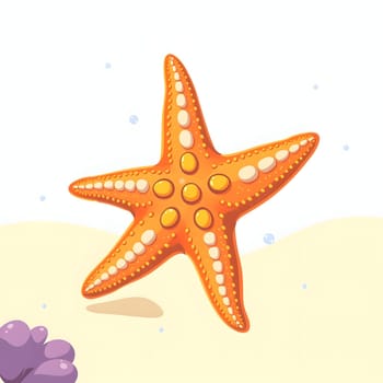 A vibrant orange starfish rests on the sandy ocean floor, surrounded by bubbles and a striking purple coral formation. The scene captures marine life in a lively underwater environment.