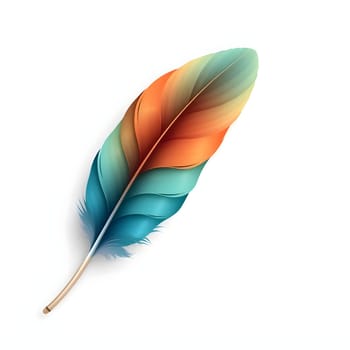 A beautifully crafted feather showcases vibrant orange and blue colors, blending seamlessly. The design emphasizes the feather's delicate structure and intricate detail, resting on a white background.