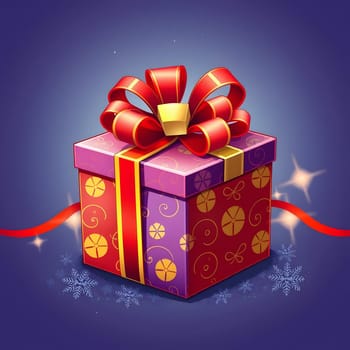 A vibrant gift box adorned with a large red ribbon and bow is centered in a starry background. The box features decorative patterns and reflects a festive, celebratory atmosphere.