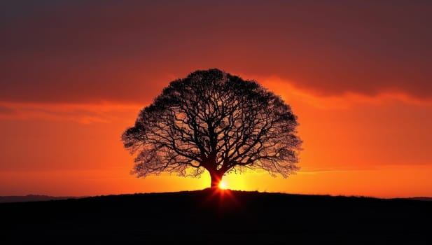 Silhouette of tree in front of a colorful sunset. Beautiful nature scene.