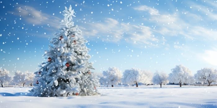 Beautiful winter scene with a snow covered Christmas tree in a snowy landscape under a blue sky with falling snowflakes