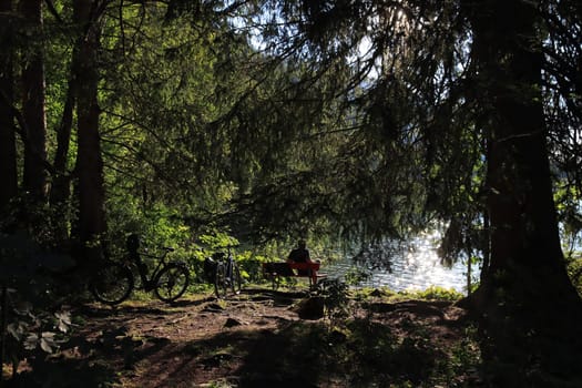 Backlit shot of a cyclist sitting on a bench by the lake