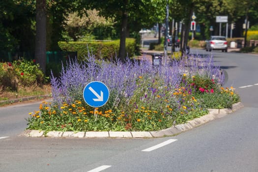 Traffic island on road with arrow signpost and flower bed, Germany