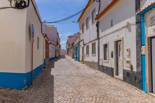 Ericeira, Portugal: April 13, 2024: Empty street in a coastal village of Ericeira, near Lisbon, Portugal.