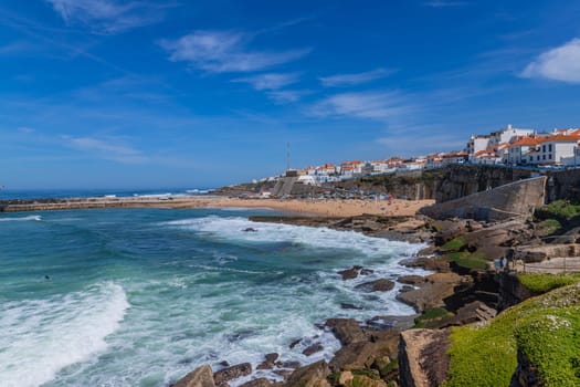 Ericeira Portugal: April 13, 2024: View of the Praia dos Pescadores (fishermen beach) in Ericeira village near Lisbon. Ericeira Portugal