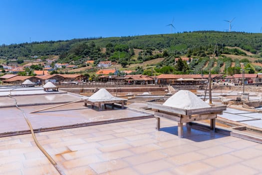 Rio Maior, Portugal: July 7, 2024: Fonte da Bica Salt Flats, aka Salinas de Rio Maior, system of shallow water compartments and gutters for salt extraction, Portugal
