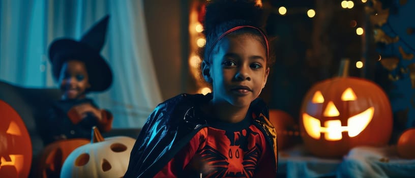 Two children celebrate Halloween indoors, dressed in playful costumes. One wears a witch hat, while the other showcases a spooky outfit. Jack-o'-lanterns light up the cozy room.