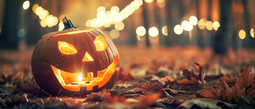 A glowing carved pumpkin sits among fallen leaves in a dimly lit forest. Warm light emanates from its mischievous expression, creating a festive atmosphere in early autumn.