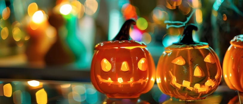 Two beautifully carved pumpkins sit on a reflective surface, glowing warmly as vibrant colored lights shimmer in the background, creating a festive atmosphere perfect for Halloween.