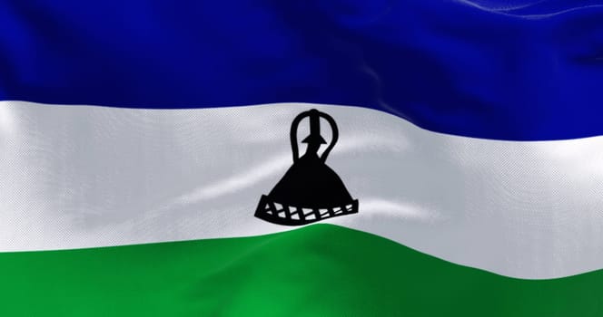 Close-up of National flag of Lesotho waving. Three horizontal bands of blue, white, and green with a black Basotho cap in the middle. 3d illustration render. Fluttering fabric background