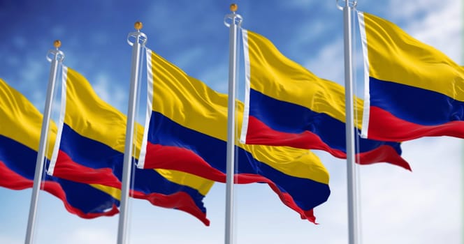 Colombia national flags waving in the wind on a clear day. Horizontal tricolor of yellow, blue, and red. Latin american country. 3d illustration render. Fluttering fabric. Selective focus