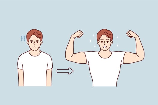Muscular man shows off biceps, standing next to previous version of himself, rejoicing at successful transformation. Muscular guy achieves success in bodybuilding thanks to motivation and ambition