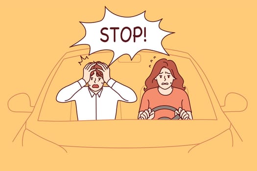 Woman drives car poorly, sitting behind wheel and frightening man who clutches head in fear. Girl violates traffic rules and drives car without drivers license for completing course.