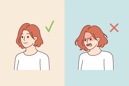 Woman with positive and negative grimace experiences sudden mood swings due to bipolar disorder. Problem of bipolar disorder in young girl who needs help of psychotherapist to restore mental health