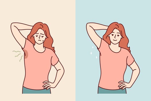 Woman with sweaty armpits rejoices after smell and stains on clothes disappear thanks to deodorant. Girl problem of sweaty armpits disappeared due to use of medications for excessive sweating