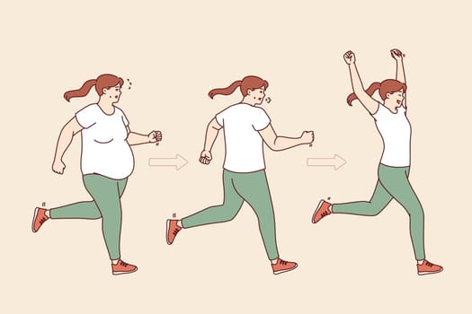 Process of losing weight of fat woman running and getting beautiful slender figure thanks to training. Fitness and fitness helps you lose weight and get rid of extra pounds or cilulite on legs
