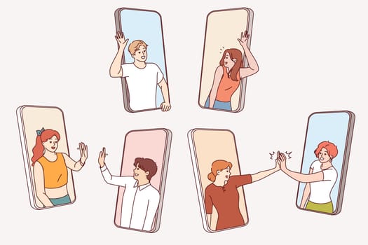 People on mobile phones wave hands in friendly manner and want to communicate and get to know each other. Concept chatting in phones and use of social networks to improve student relationships