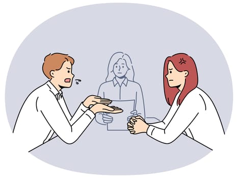 Husband and wife are arguing in lawyer office arguing out relationship during filing of documents for divorce. Married couple turned to lawyer to resolve conflict and help in division of property
