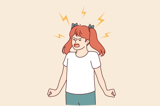 Angry teenage girl screams and throws hysteria due to harmfulness and psychological problems. Hysteria in child who feels lack of attention and parenting skills from bad parents who have forgotten