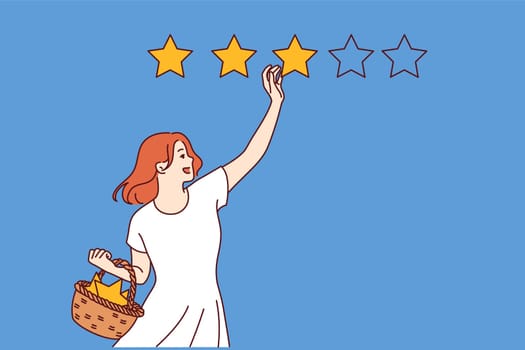 Satisfied woman gives three-star rating, leaving positive feedback after using services. Girl changes rating of company with smile on face, wanting to recommend it to friends or relatives