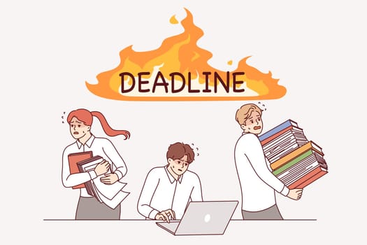 Deadline puts pressure on business people rushing to complete project using laptop or running around with papers. Problem impossible deadline and lack productivity causes stress among office workers