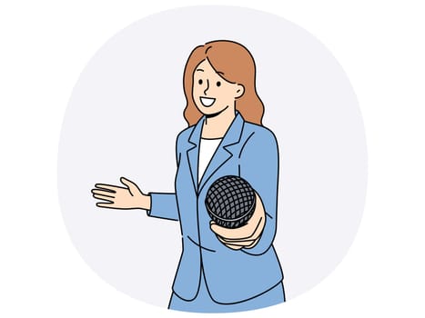 Woman reporter with microphone wants to take interview and asks questions of interlocutor by bringing mike to screen. Girl holds microphone in hand offering you to share opinion on current events.