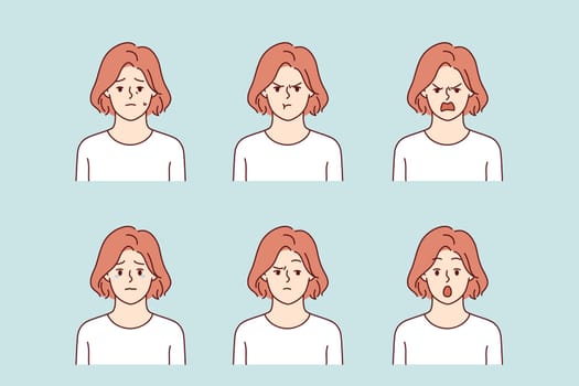 Negative woman shows different grimaces, experiencing mental crisis, after onset of dark streak in life. Set of portraits of negative girl in white t-shirt, with upset or angry and shocked face