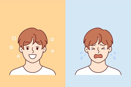 Little boy smiles and begins to cry due to fatigue or problems with socialization. Psychological and bipolar disorder in pre-teen child is caused by lack of conditions for raising children