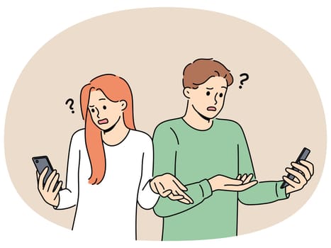 Embarrassed people with phone see error connecting to internet wifi or dead battery of gadget shrug. Man and woman are having problems due to broken mobile phone or reading fake news.