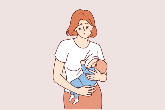 Postnatal depression in frustrated mother who is breastfeeding and forced to raise child alone. Problem of postpartum depression and lack of social programs for women who gave birth at early age