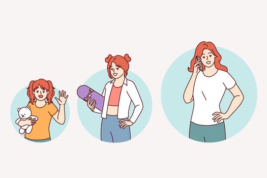 Female life cycle with little girl growing into teenager and adult human. Process of growing up and stages of growth in life cycle of mature lady talking on phone and arranging date