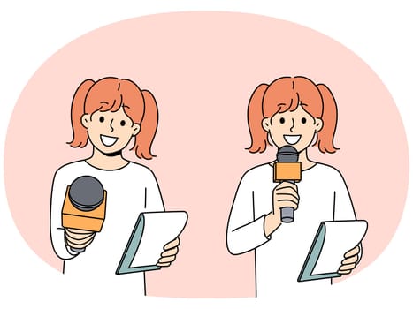 Little girl reporter with microphone smiling participating in shooting of educational TV show for children. Schoolgirl dreams of becoming reporter and working for television to interview celebrities.