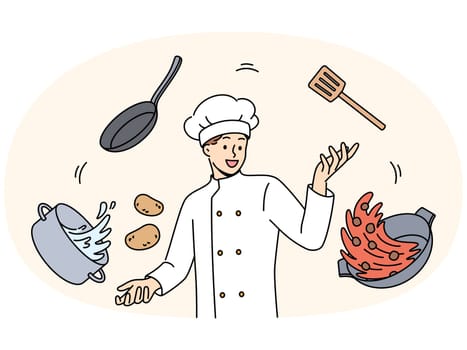 Man cook in white uniform and cap stands among flying pots and ingredients for cooking delicious soup. Professional guy cafe cook comes up with recipe for new dish for restaurant menu