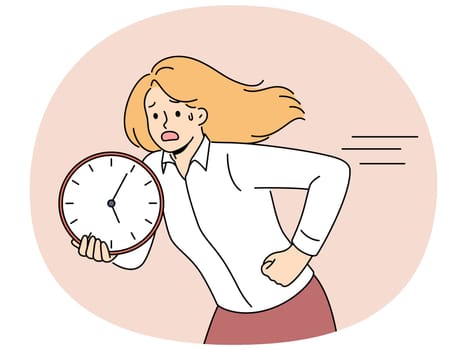 Running woman is holding clock and is nervous trying to comply with deadlines and complete work on time. Business woman making career as manager is in hurry to not be late and meet deadlines.