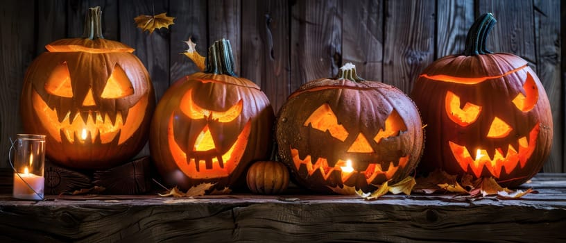 Four creatively carved pumpkins sit on a rustic wooden table, illuminated from within as they glow in the darkness. Autumn leaves surround them, enhancing the Halloween atmosphere.