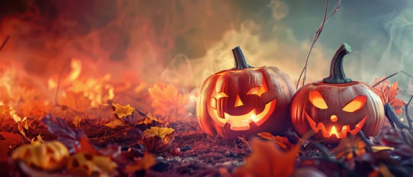 Two intricately carved pumpkins sit among fallen leaves, illuminated by their glowing interiors. The surrounding mist creates an eerie autumn atmosphere as dusk falls.