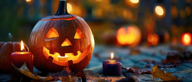A carved pumpkin with a smiling face emits a soft glow from its interior. Surrounding it are colorful candles and autumn leaves, creating a warm Halloween atmosphere outdoors.