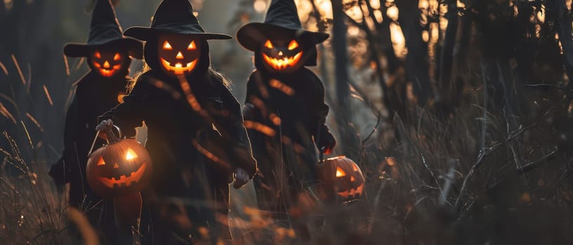 Four figures wearing witch costumes walk through a forest at dusk, each holding a carved pumpkin that glows brightly. The atmosphere is eerie and enchanting, surrounded by tall grass and trees.