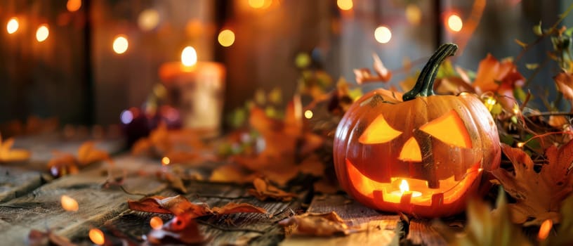 A carved pumpkin with a glowing face sits among colorful autumn leaves and candles, creating a warm and inviting atmosphere for Halloween celebrations at night.